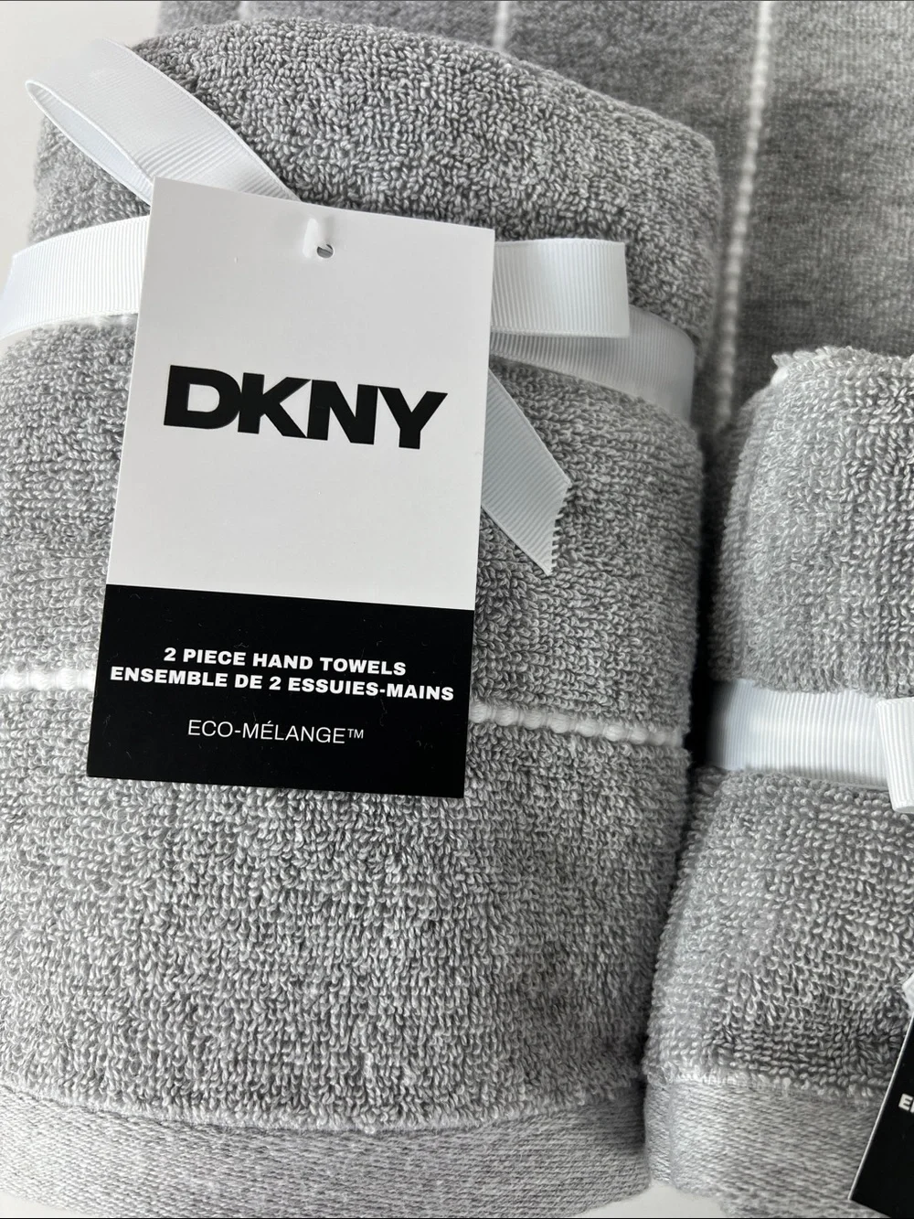DKNY Bath Towel Set Eco Melange Light Gray White Soft Cotton Set of 8 NEW